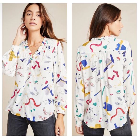 Anthropologie Maeve Marisol Ruffled Blouse Size 2 Winter Ski Print Button Front - Picture 1 of 6